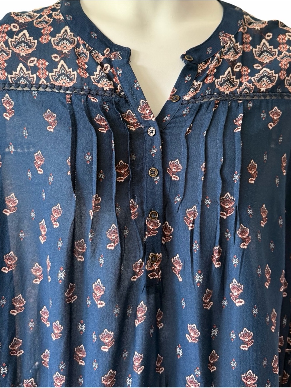 Knox Rose Cottagecore Navy Peasant Tunic Top Ruffled Pintucks Sz XXL New Boho - Picture 3 of 6